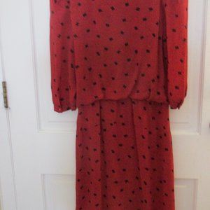 JT Petite 80's Long Sleeve Red with Black Design Dress Size 16